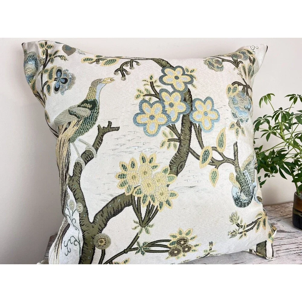 Vintage Hollywood Regency Peacock Flowers And Birds Pillow 22”x22” Estate Decor
